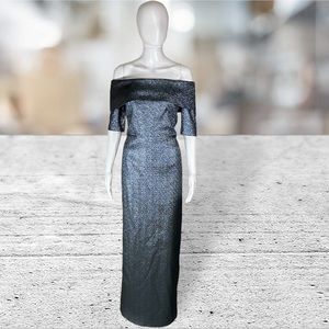 Teri Jon Blue Jacquard Off the Shoulder Column Gown